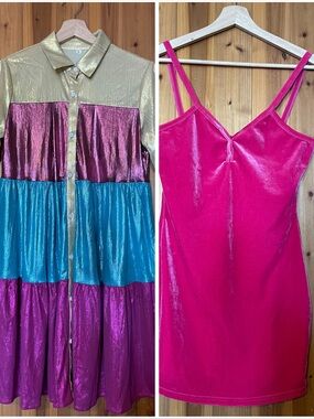 Metallic Colorblock Shirt Dress & Hot Pink Velvet Slip Dress